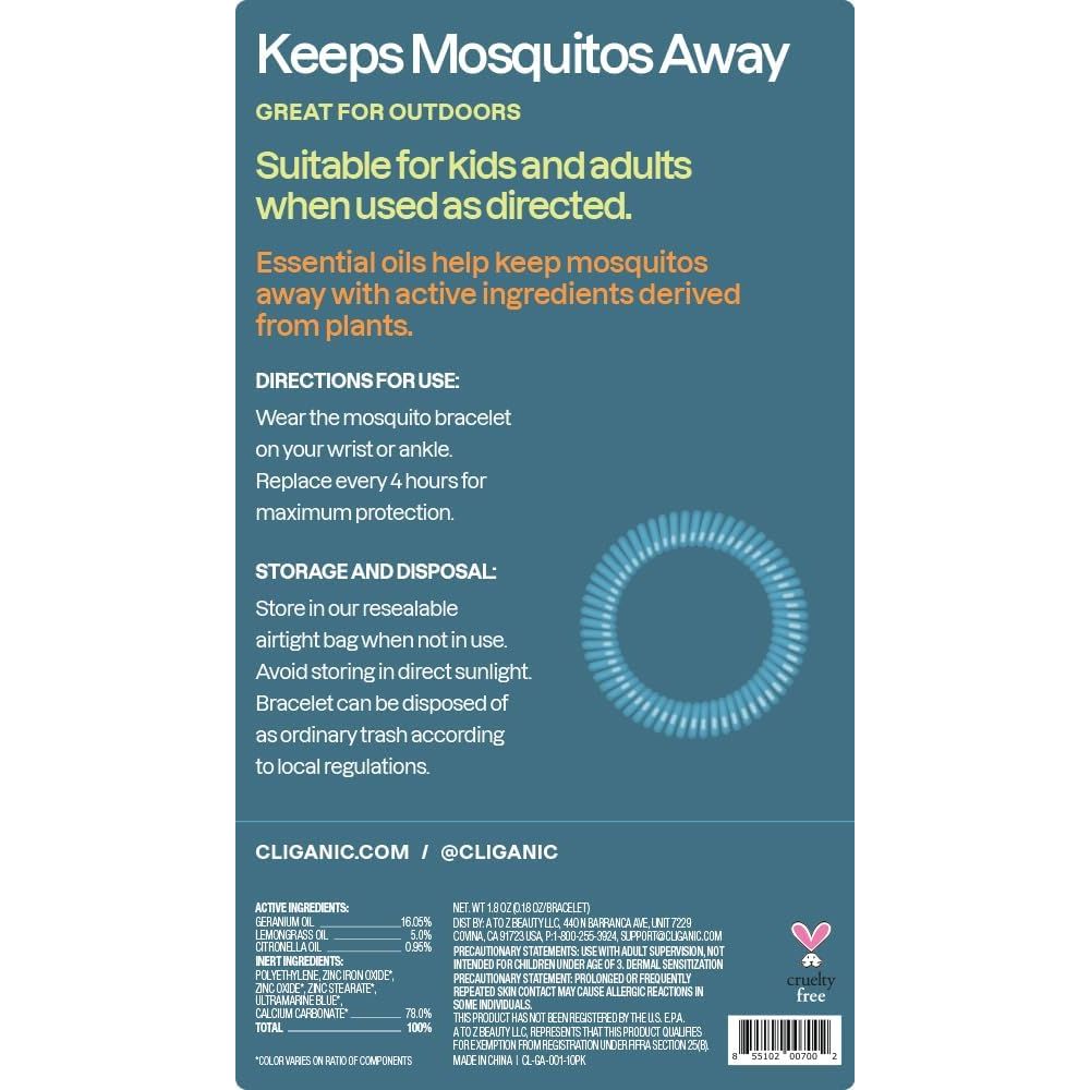 Buy now Cliganic 10 Pack Mosquito Repellent Bracelets for Adults & Kids - Natural DEET-Free Bands, Individually Wrapped at indiglob india