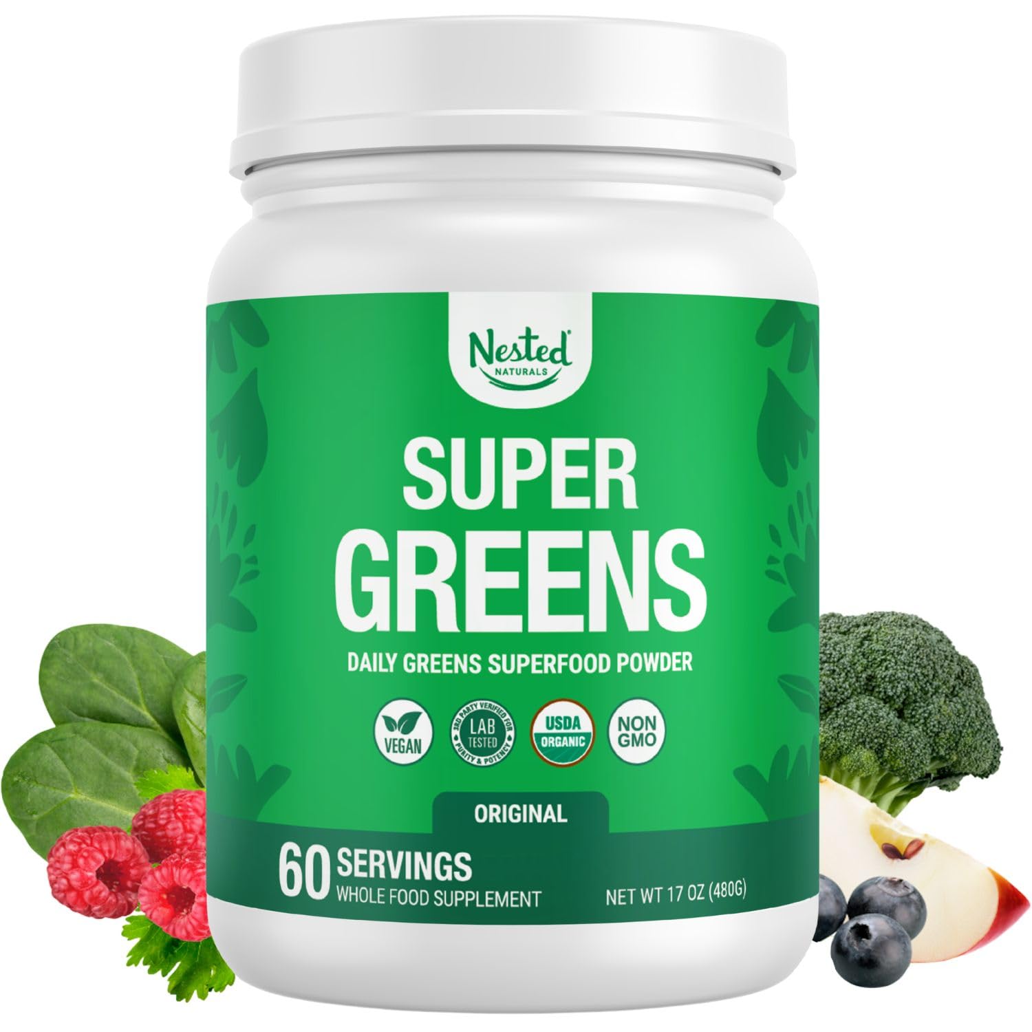 Nested Naturals Super Greens Daily Superfood Powder - Certified USDA Organic Green Powder w/Whole Foods, Spirulina Powder, Wheat & Barley Grass - Probiotics, Fiber & Enzymes - Original, 60 Servings