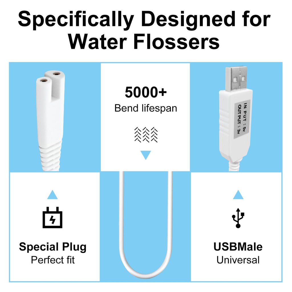 Charger Cord Replacement for Waterpik Water Flosser WP360 WP462 WP450 WF13 WP100 Water Flosser, USB Charging Cable (White)