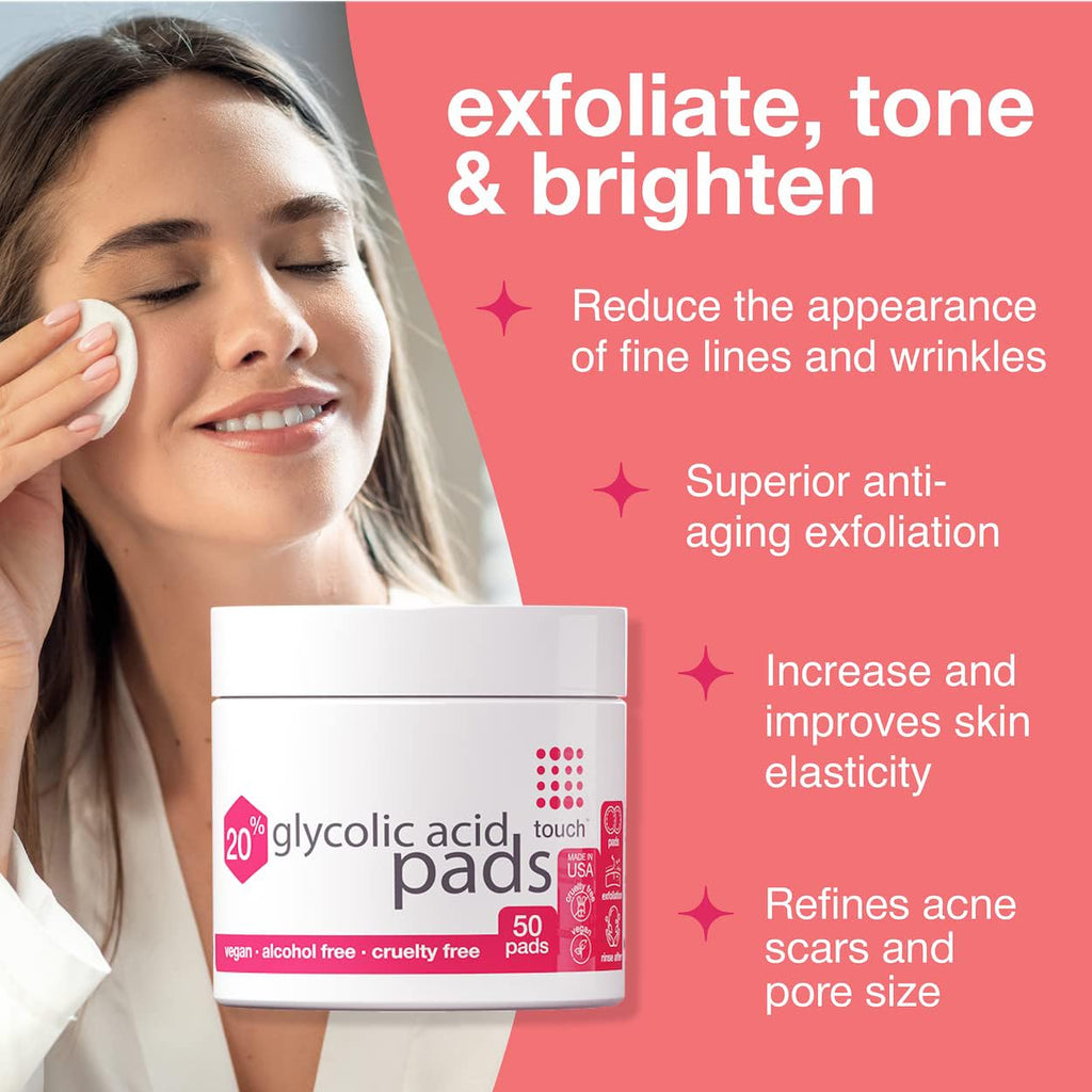 Buy now TOUCH 20% Glycolic Acid Pads Exfoliating And Resurfacing AHA Peel Face Wipes - Great for Dullness, Pores, Scars, Fine Wrinkles, Uneven Skin Tone & Texture, 50 Count at indiglob india