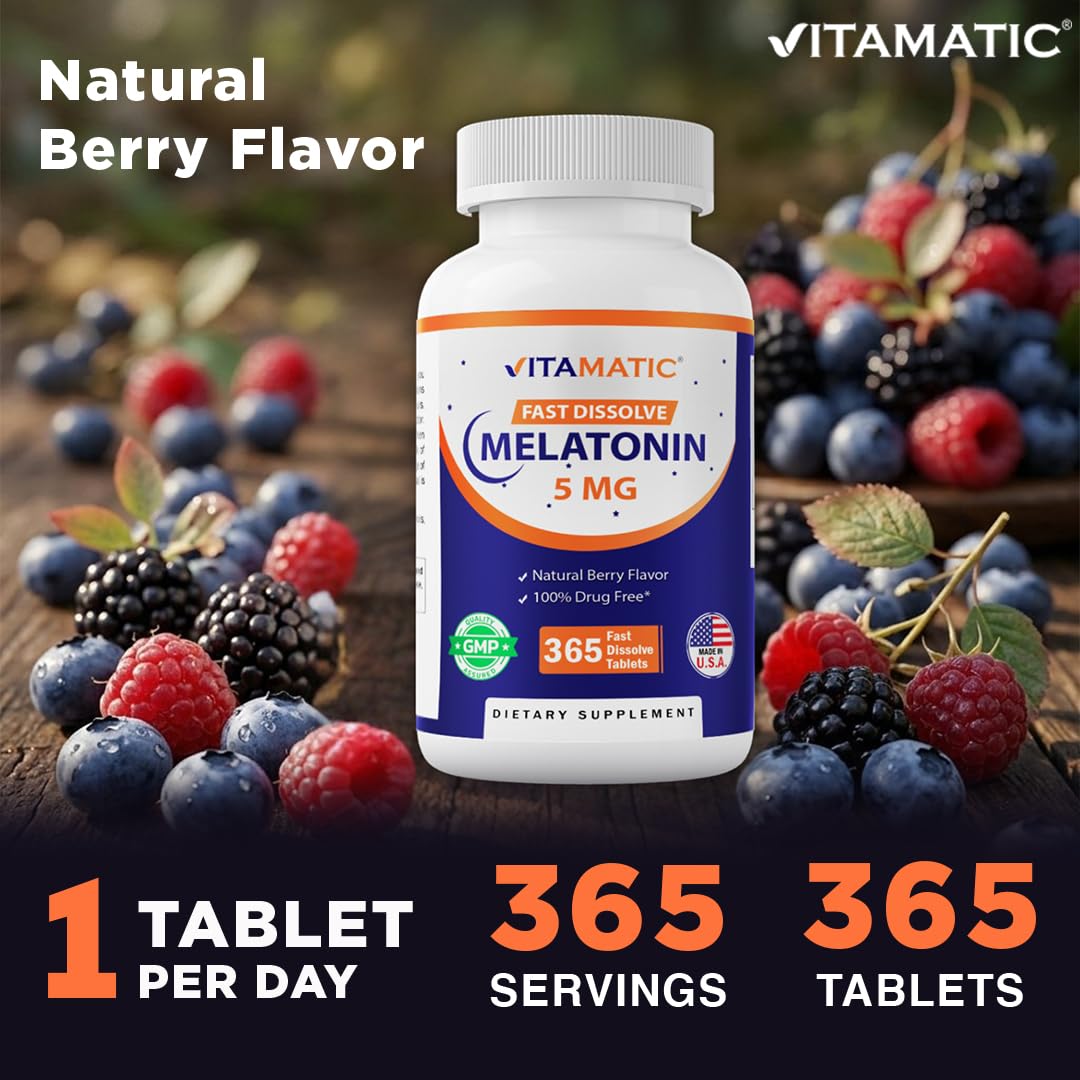 Vitamatic Melatonin 5 mg Tablets | Vegetarian, Non-GMO, Gluten Free | 1 Year Supply | Natural Berry Flavor - 365 Tablets