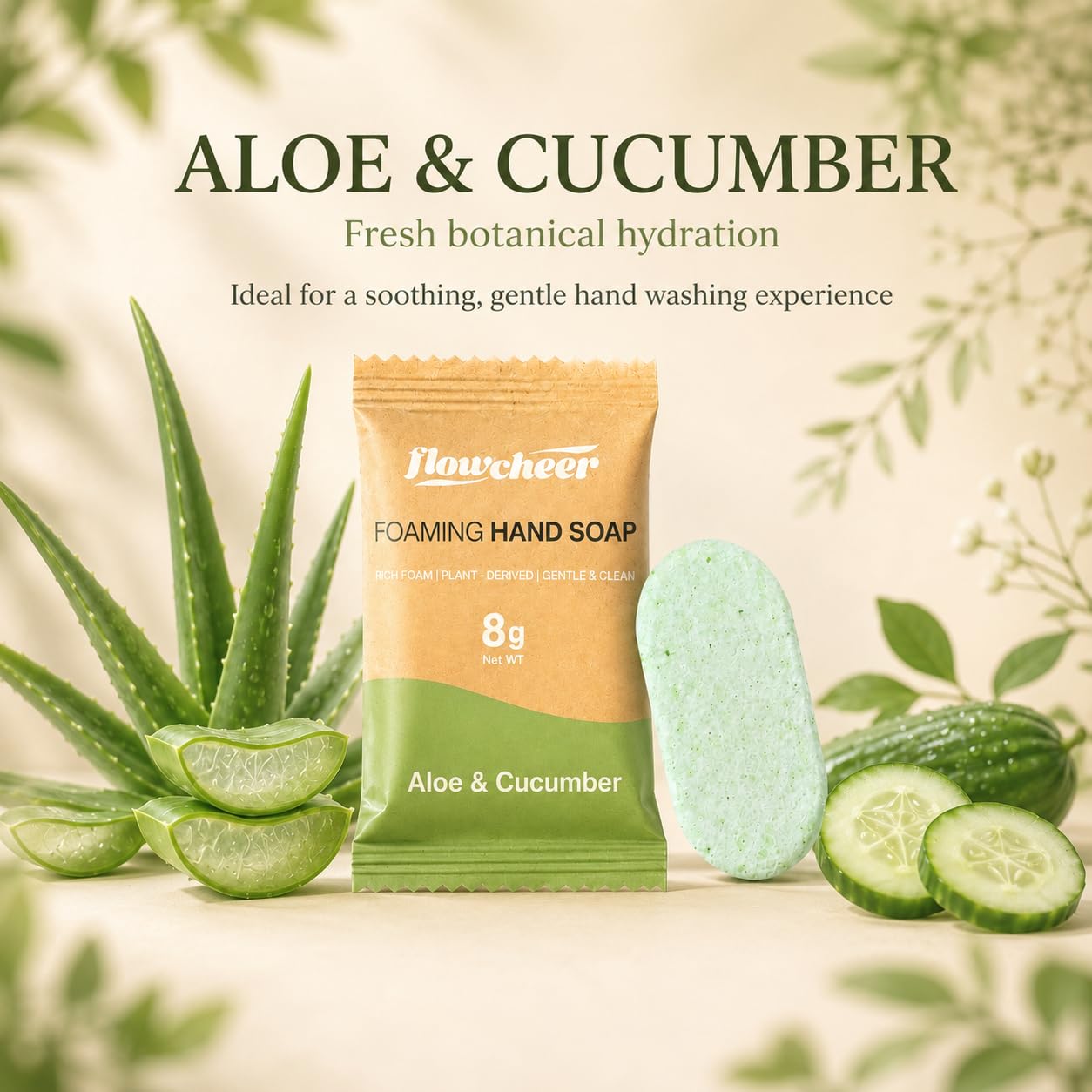 Flowcheer foaming hand soap refill with aloe and cucumber for gentle cleaning. 100% genuine, natural ingredients.