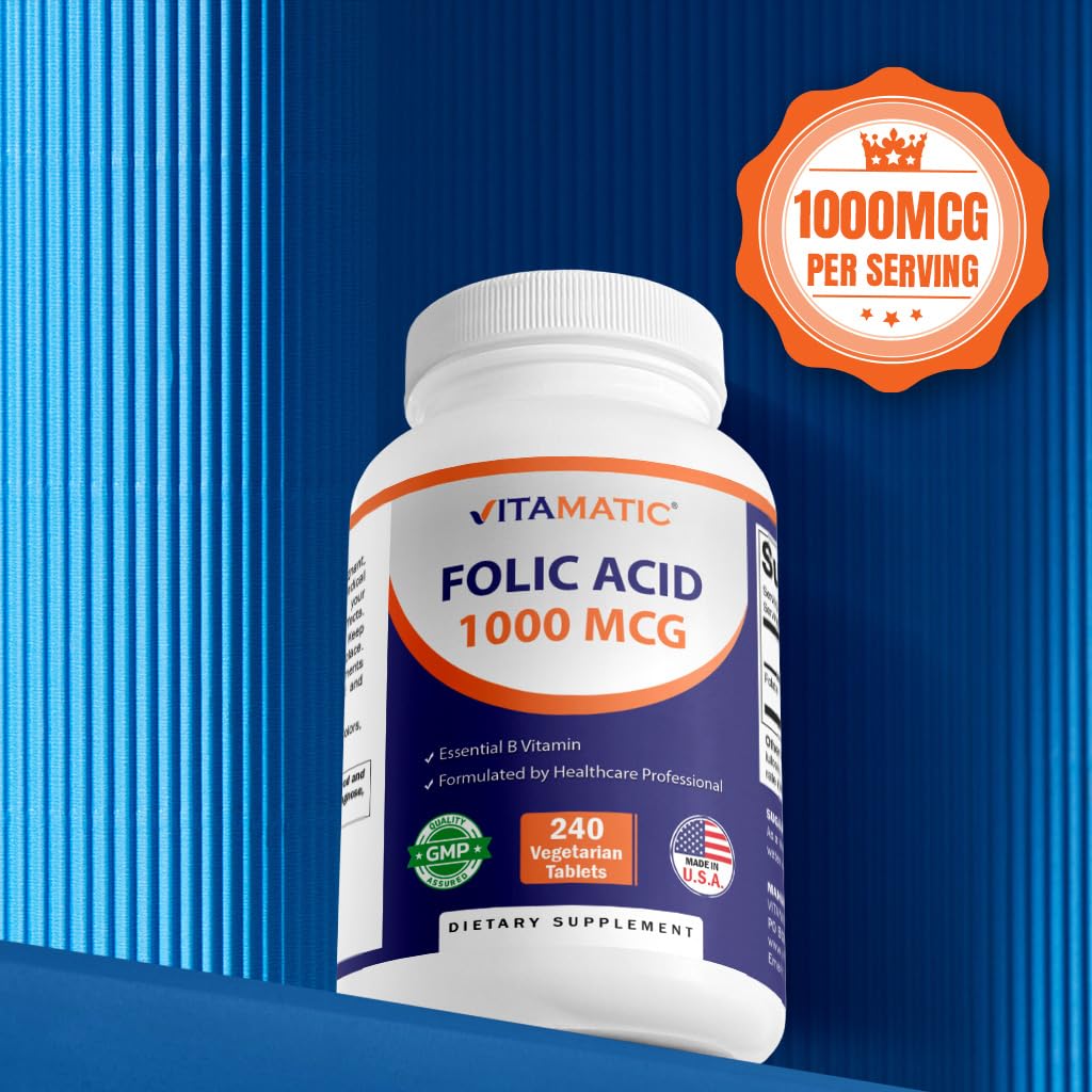 Vitamatic Folic Acid 1000 mcg (1 mg), 240 Vegetarian Tablets | Vitamin B9 | 1667 mcg DFE Folate, Support Healthy Cell Growth*, Red Blood Cell Formation*, Gluten Free, Non-GMO, Made in USA