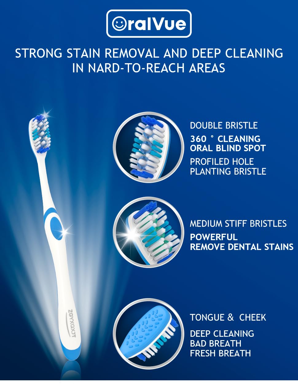 Adult Hard bristled Manual Toothbrush with Excellent Cleaning Effect, Equipped with Tongue Coating Brush and Wavy bristles for More Effective Cleaning of Teeth（6pack）