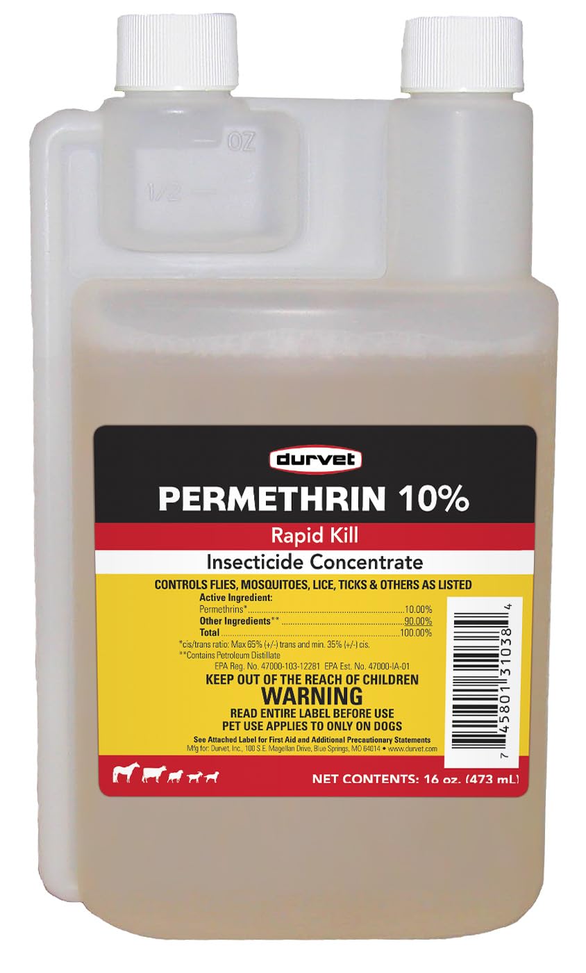 Durvet Permethrin Concentrate 10% - Control Insecticide Flea, Tick, Fly, Lice & Mite, 16 oz.
