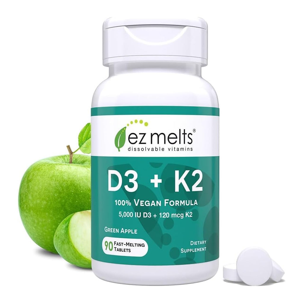 EZ Melts Dissolvable Vitamin D3 5,000 IU & K2 120 mcg, 180 Tabs, Green Apple
