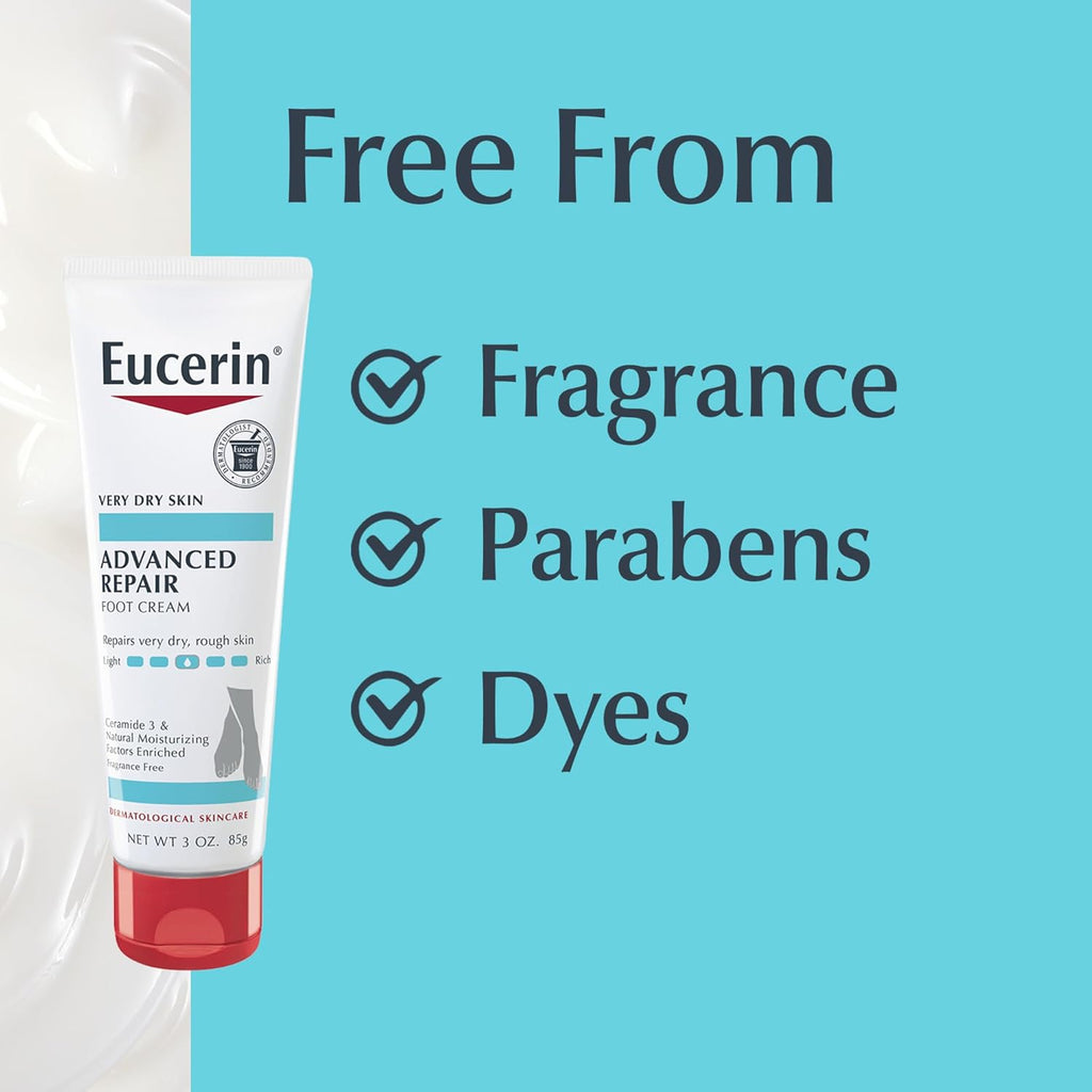 Buy now Eucerin Advanced Repair Foot Cream for Dry Feet and Heels, Repairs Very Dry, Rough Skin, Fragrance Free, Non Greasy, Fast Absorbing, Travel Size Lotion, 3 Oz Tube, Pack of 3 at indiglob india