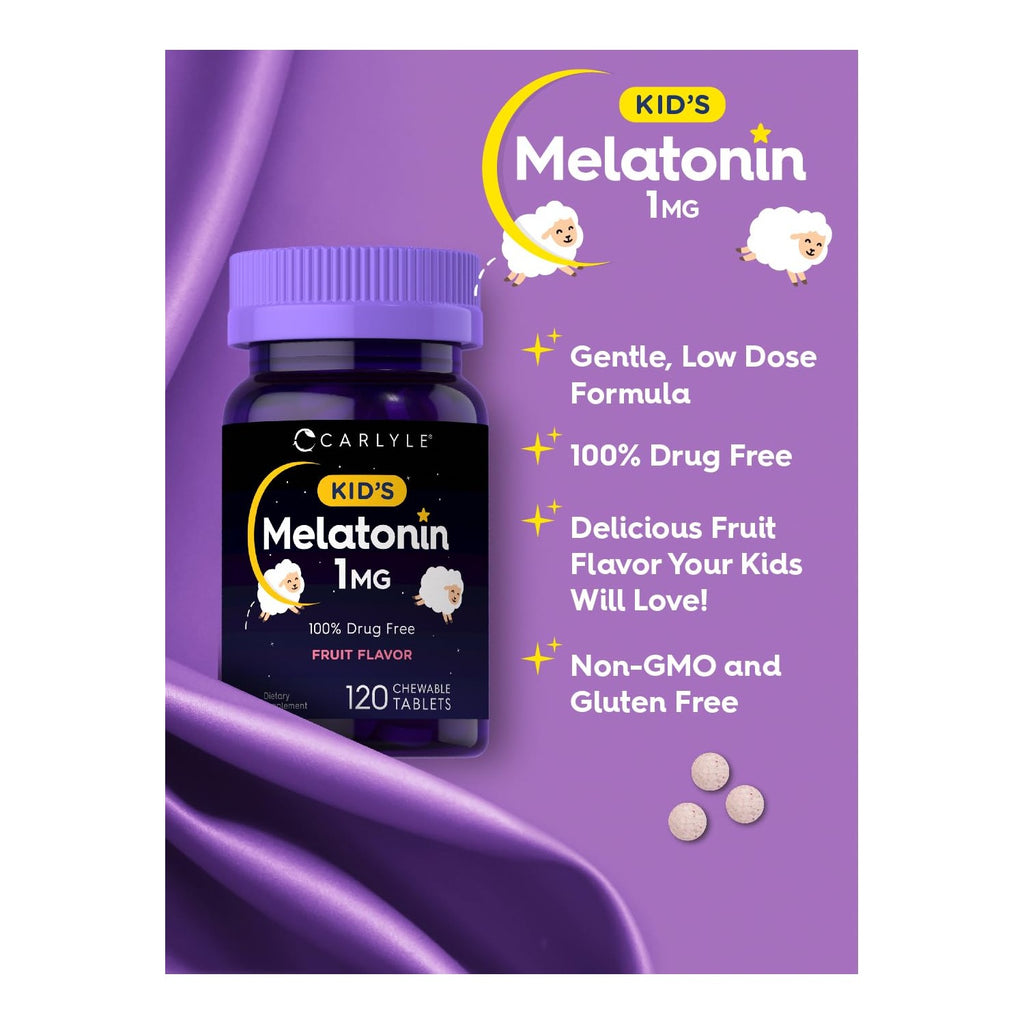 Carlyle Kids Melatonin 1mg | 120 Chewable Tablets | Fruit Flavor | Vegetarian Supplement | Non-GMO, Gluten Free Formula