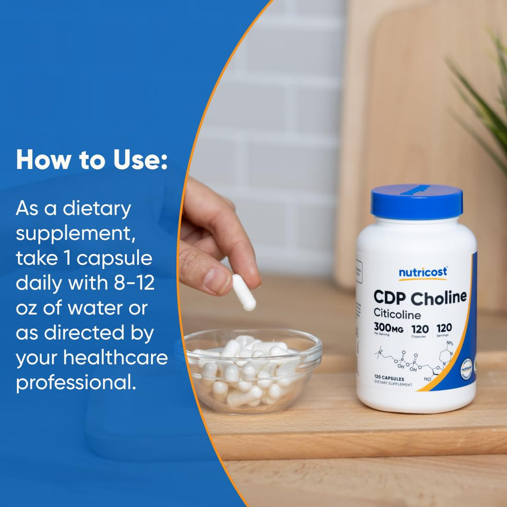 Nutricost CDP Choline (Citicoline) 300mg, 120 Vegetarian Capsules, GMO-Free | Gluten Free