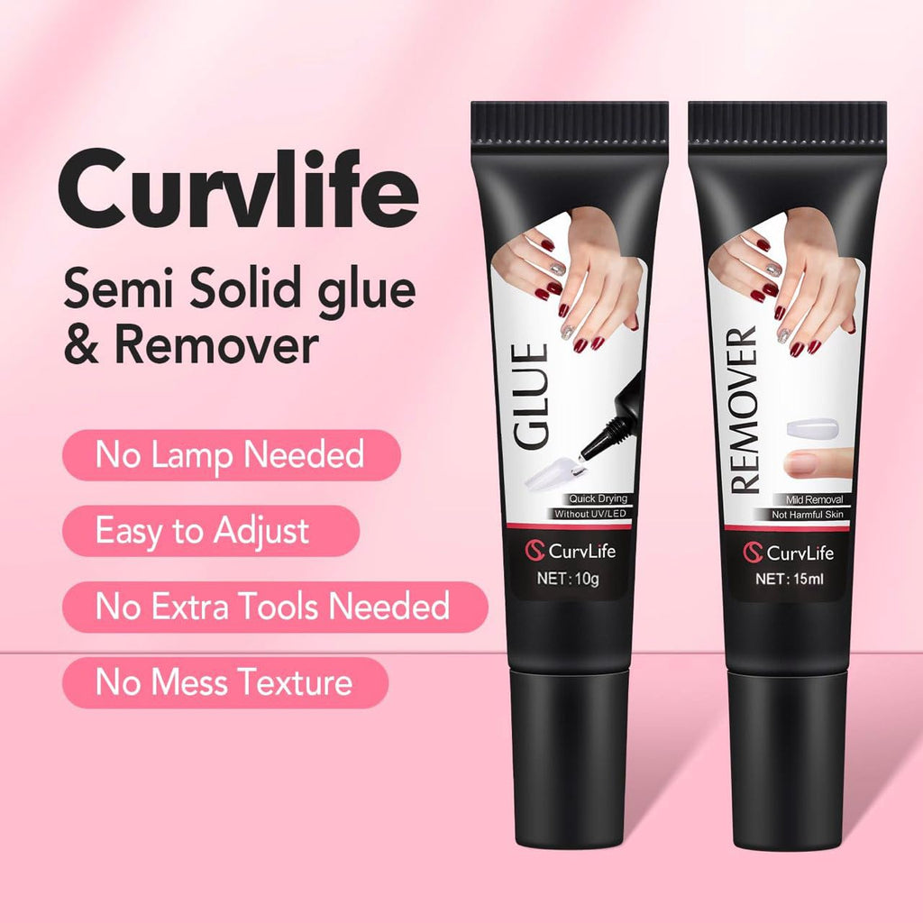 CurvLife 10g Semi Solid Nail Glue for Press Ons with 15ml Nail Glue Remover | No UV/LED Lamp Needed, Gap-Filling Air-Dry Nail Tips Glue Gel For Press on nails and Non-Acetone Gentle Remover