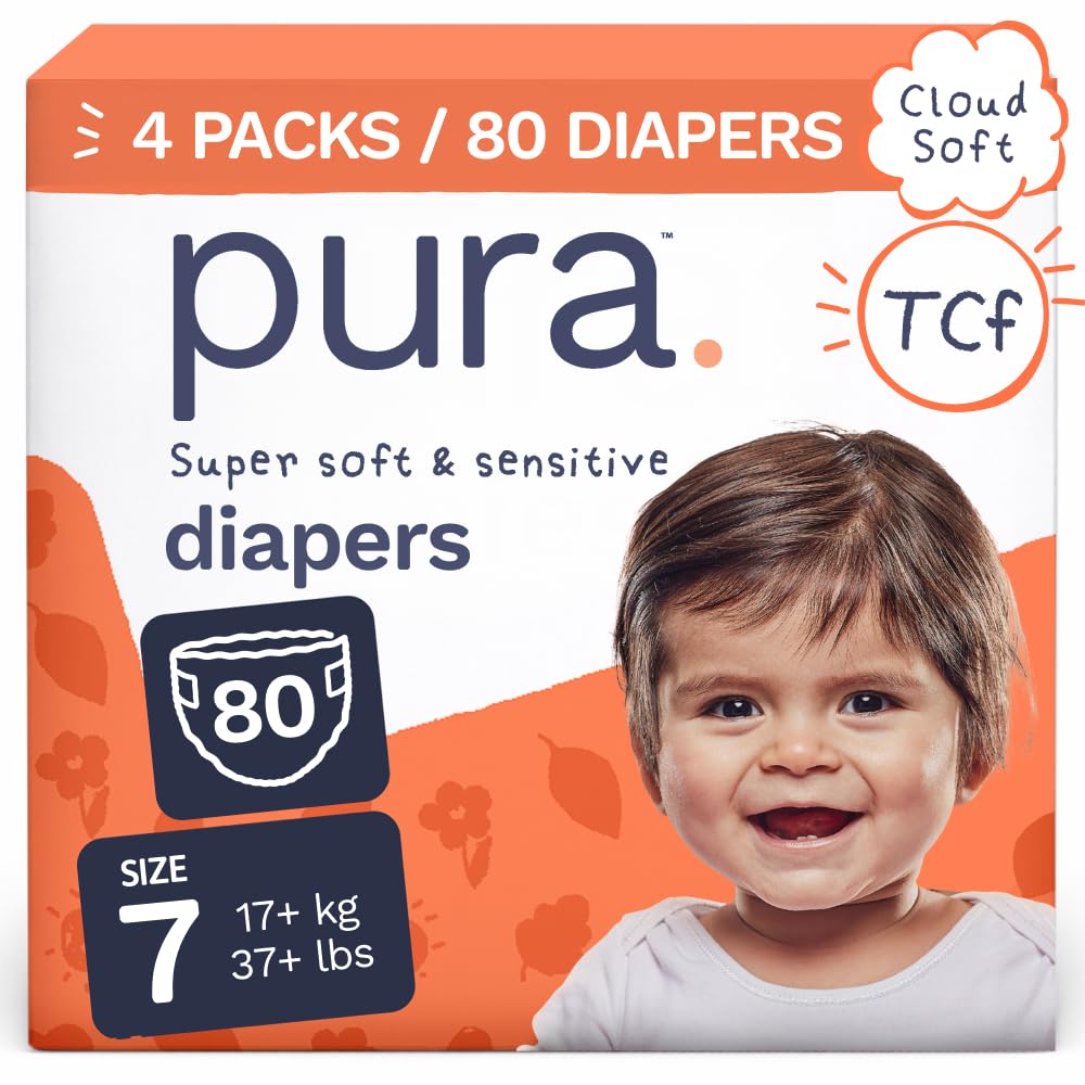 Pura Baby Diapers Size 7 (37+ lbs) 80 Count Sensitive Skin