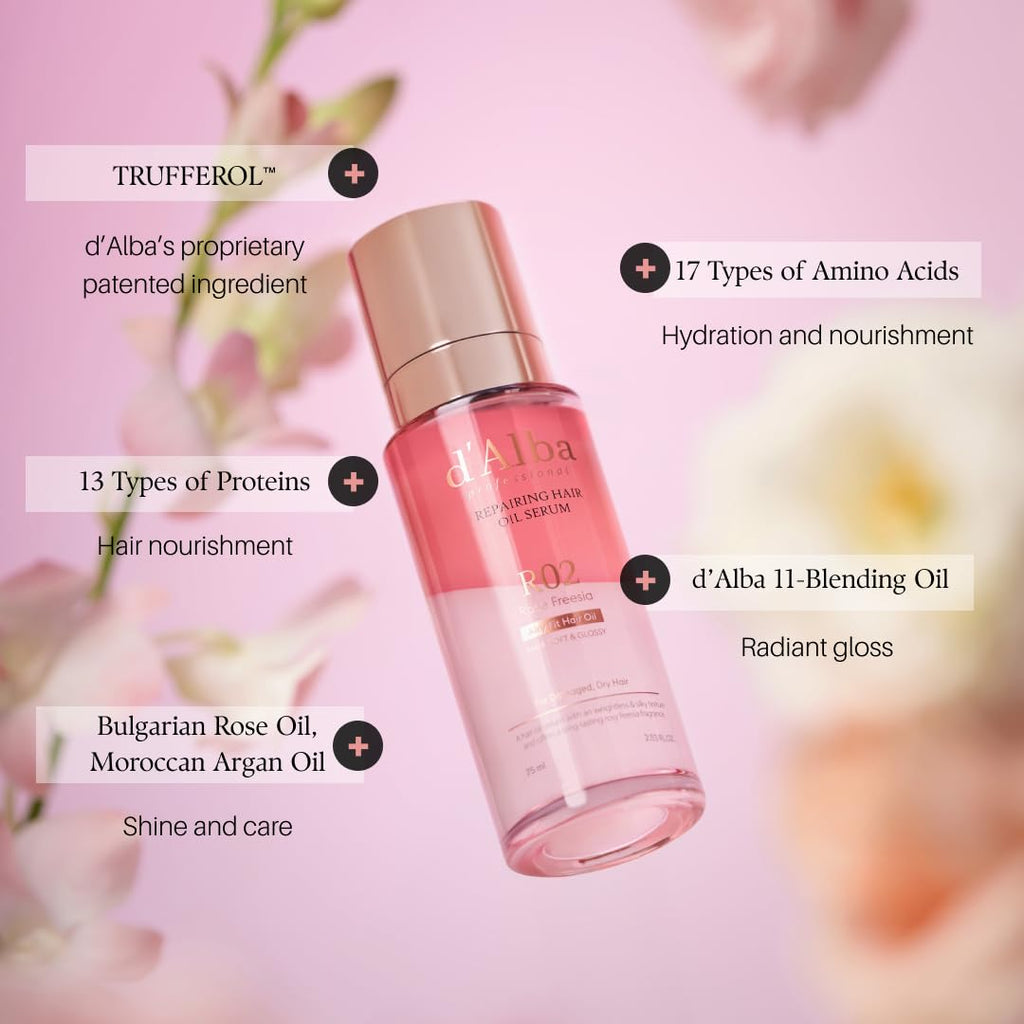 d'alba Piedmont Professional Reparing Hair Oil Serum (2.54 fl oz), Silky and Glossy Hair, Lightweight & Airy Finish, Argan Oil, Amino Acid, Protein Complex, Rose Freesia Scent
