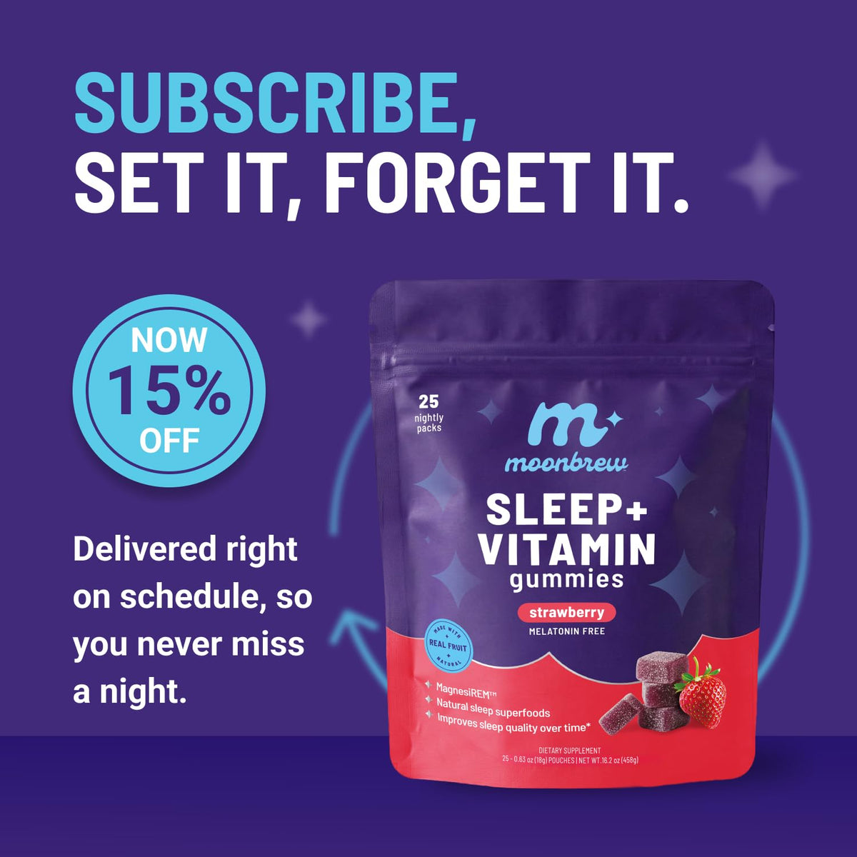 MoonBrew Strawberry Sleep + Vitamin Gummies - 8 Essential Vitamins & Minerals, Natural Magnesium Calming Aid, Melatonin-Free, 25-Pack (100 Gummies)