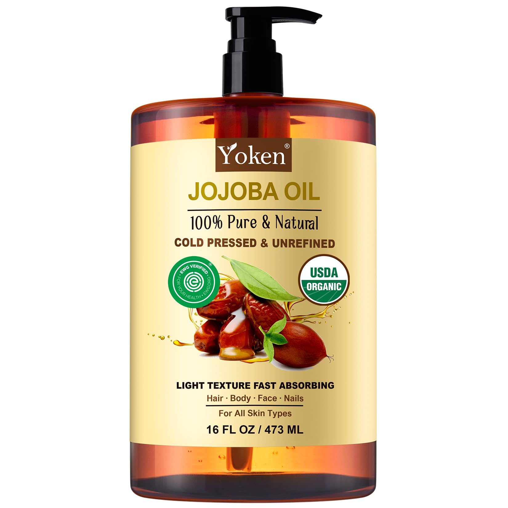 Yoken Organic Jojoba Oil 16oz, USDA Certified Cold Pressed for Skin Care | Cold Pressed Body Oil Women After Shower Unscented Carrier Massage Moisturizer Hydrating Nourishing Essential Mixing