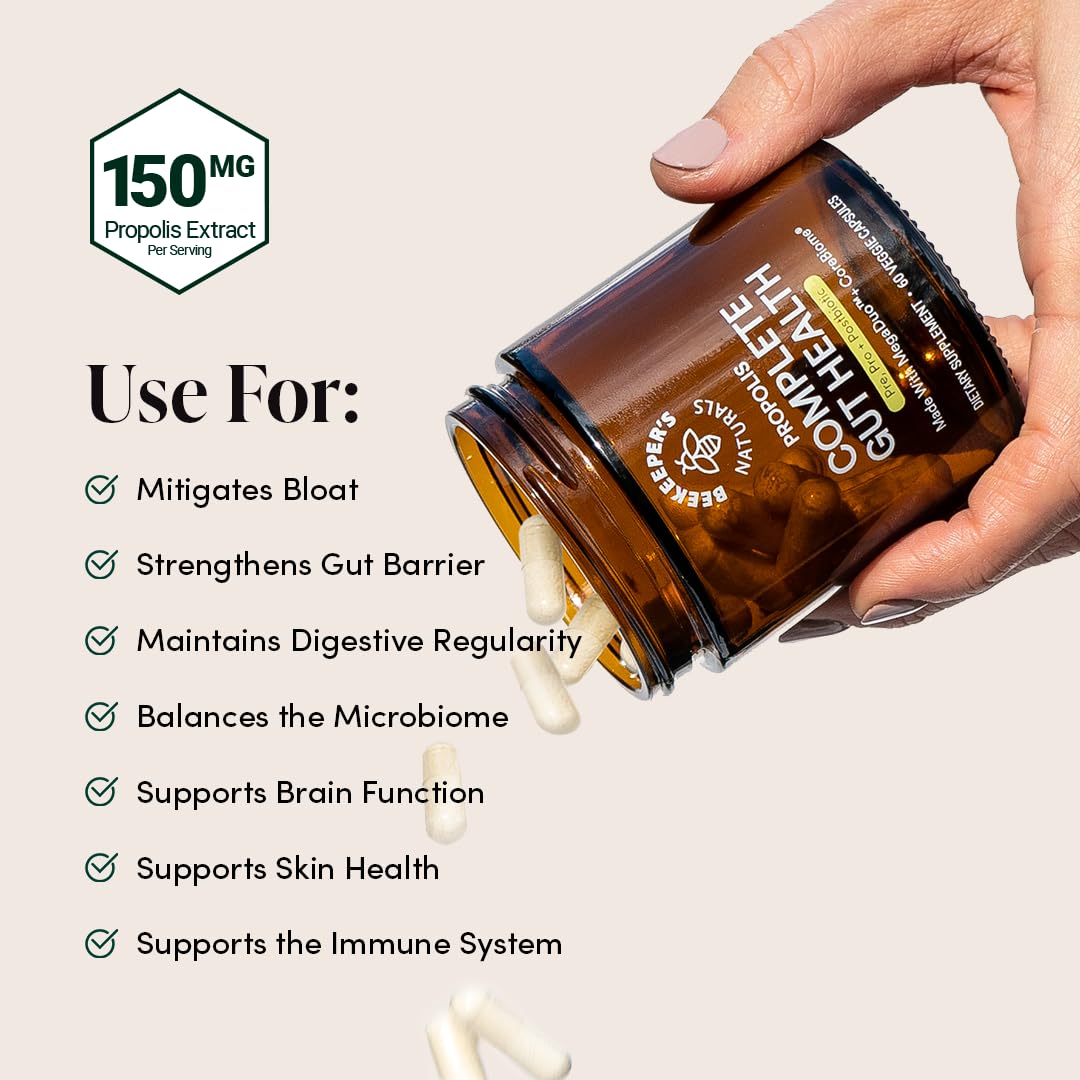 Beekeeper's Naturals Complete Gut Health, 3-in-1 Pre, Post, Probiotics 60ct | 3-in-1 Prebiotic, Postbiotic, Probiotics, Digestive Health & Bloating Relief for Women & Men, Propolis Powered