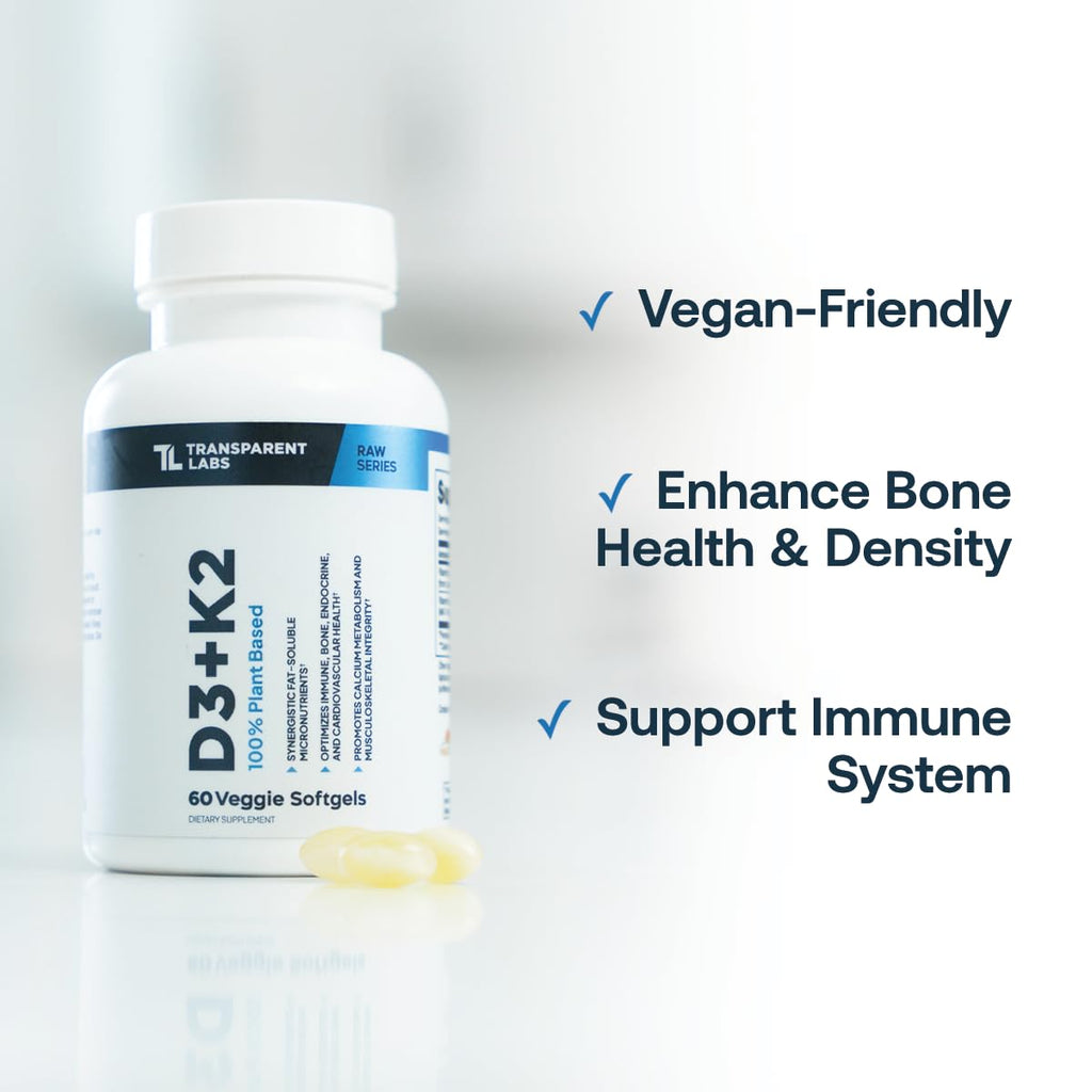 Transparent Labs Vitamin D3 K2 - Vitamin D & K2 Vitamin Supplement for Men & Women, Vegan-Friendly D3K2 5000 IU Supplements to Support Bone, Immune, and Overall Health - K2 D3 60 Capsules