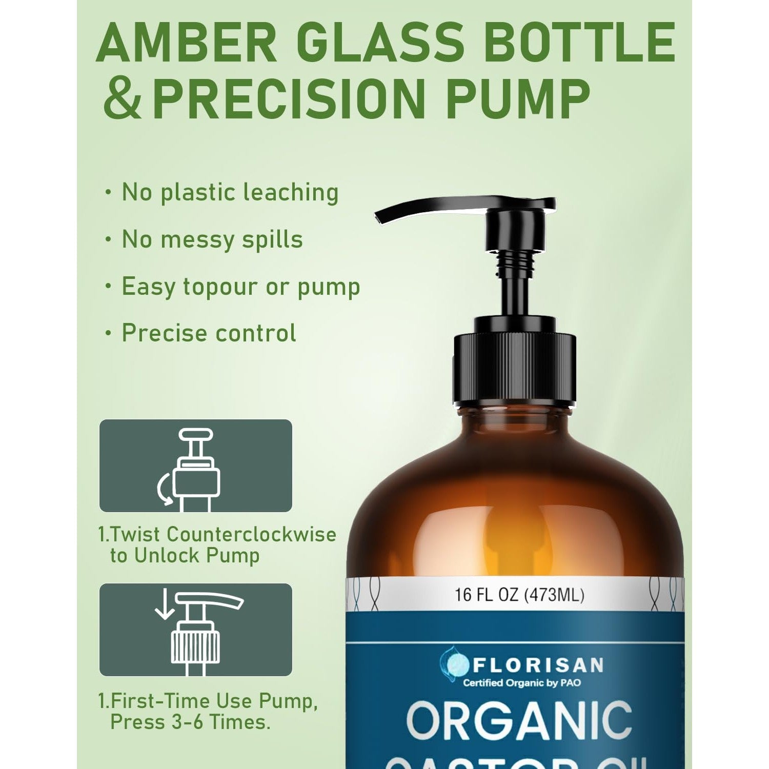 Florisan USDA Certified Organic Castor Oil 16oz Glass Bottle, Cold Pressed, Hexane-Free, Non-GMO, Vegan, 100% Pure Castor Oil for Hair Growth, Skin, Lashes, Eyebrows, EWG Verified