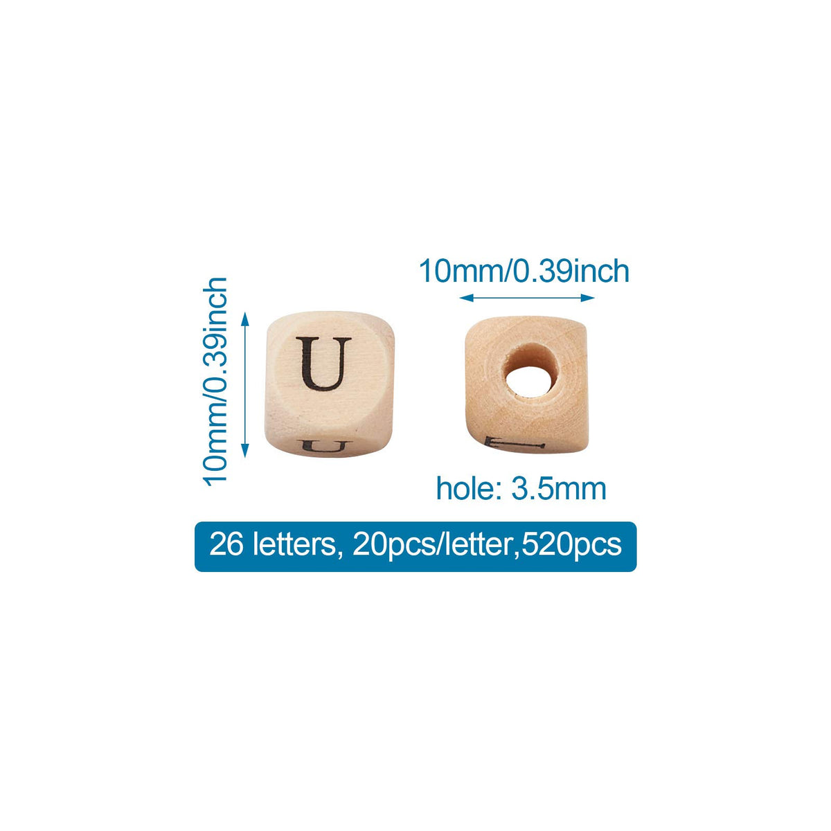 KISSITTY 520pcs/bag Cube Wood Beads with Initial 26 Letters 10mm Natural Square Alphabet Wooden Loose Beads for Jewelry DIY Crafts Making PapayaWhip