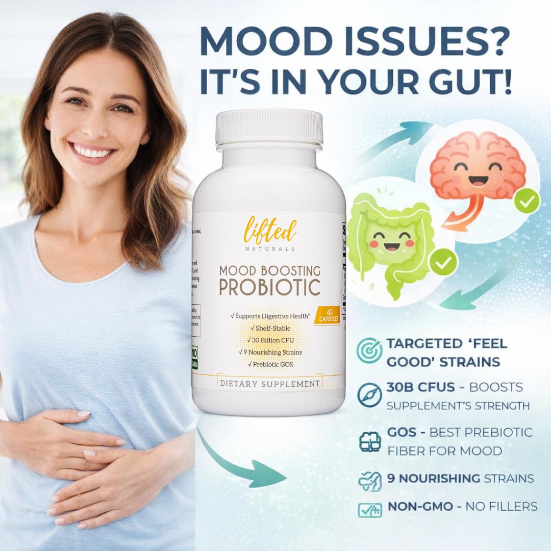 Lifted Naturals Mood Boosting Probiotic 30 Billion CFU - Mood Support Supplement, Prebiotics and Probiotics for Women & Men, Acidophilus Lactobacillus Probiotic, Shelf Stable & Non-GMO, 60 Capsules