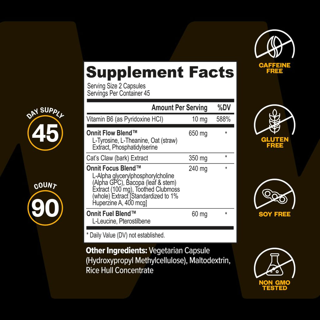 ONNIT Alpha Brain Nootropic Brain Supplement for Focus & Memory, 90 Count | IGEN Non-GMO Tested; L-Theanine, Alpha GPC & Vitamin B6; brain supplement for memory, focus & mental clarity, men & women