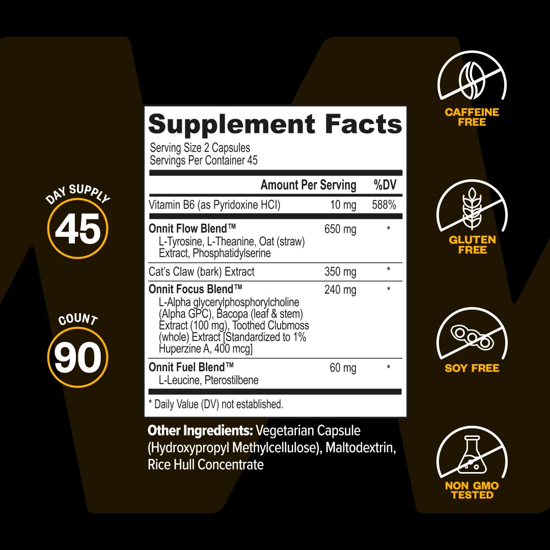ONNIT Alpha Brain Nootropic Brain Supplement for Focus & Memory, 90 Count | IGEN Non-GMO Tested; L-Theanine, Alpha GPC & Vitamin B6; brain supplement for memory, focus & mental clarity, men & women