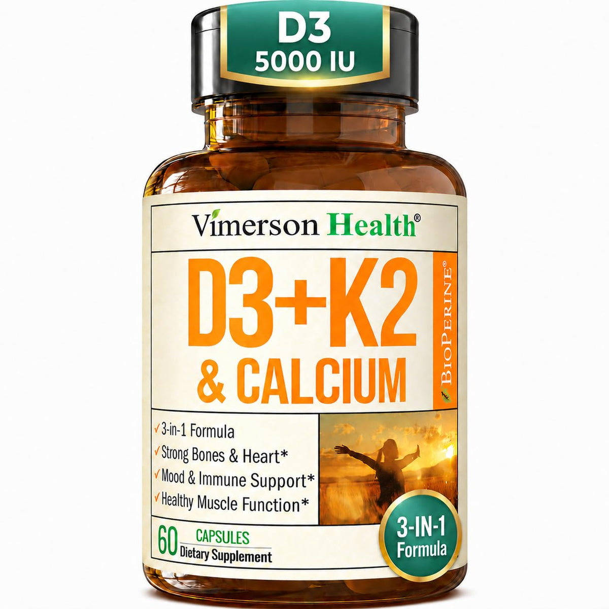 Vitamin D3 K2 Calcium Supplement – Vitamin D3 5000 IU, K2 MK7 – 60 Capsules