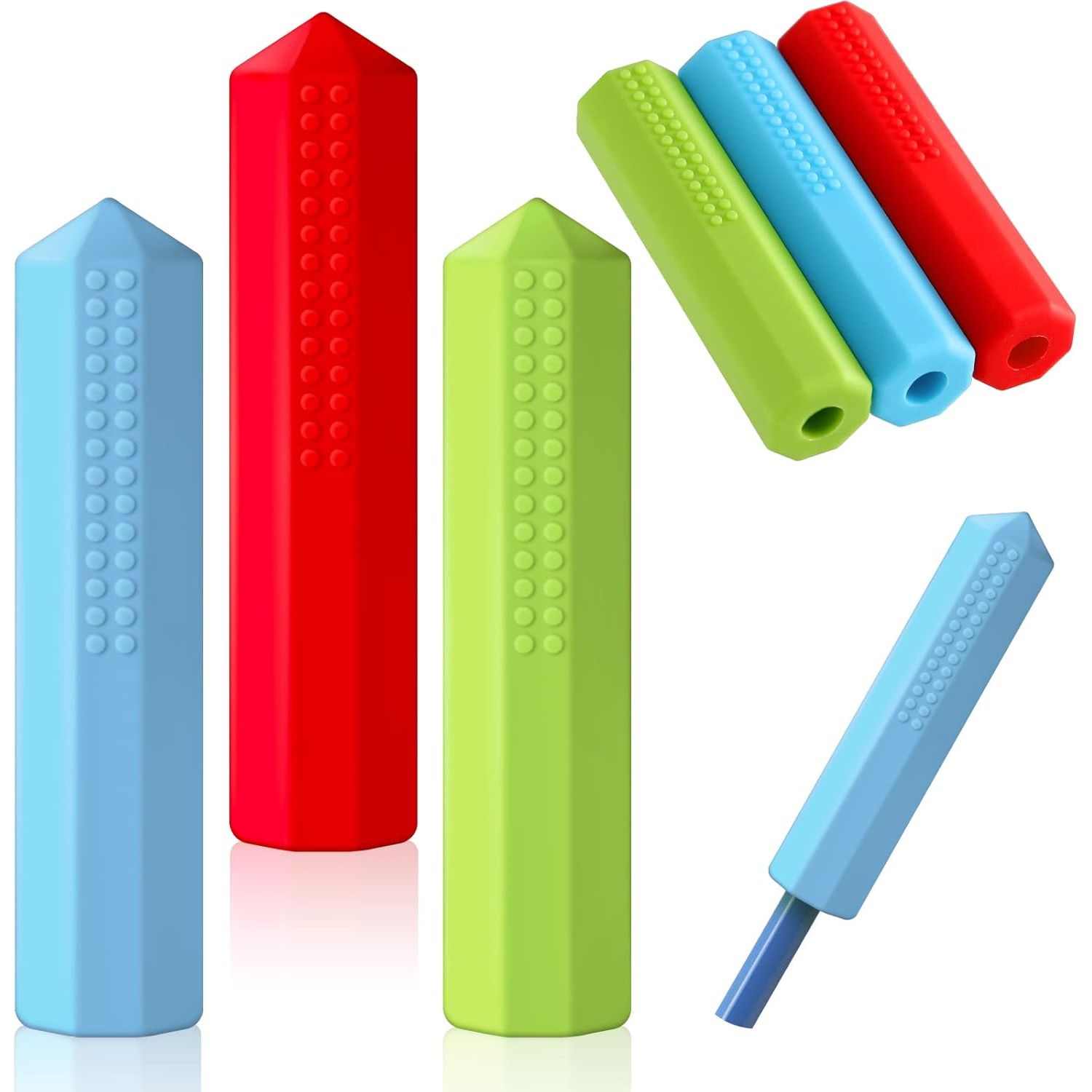 Buy now Eersida 6 Pieces Sensory Chew Pencil Toppers Set Chewable Pencil Toppers Chew Toys for Sensory Kids Boys and Girls, Oral Motor Needs(Red, Blue, Green) Red, Blue, Green at indiglob india