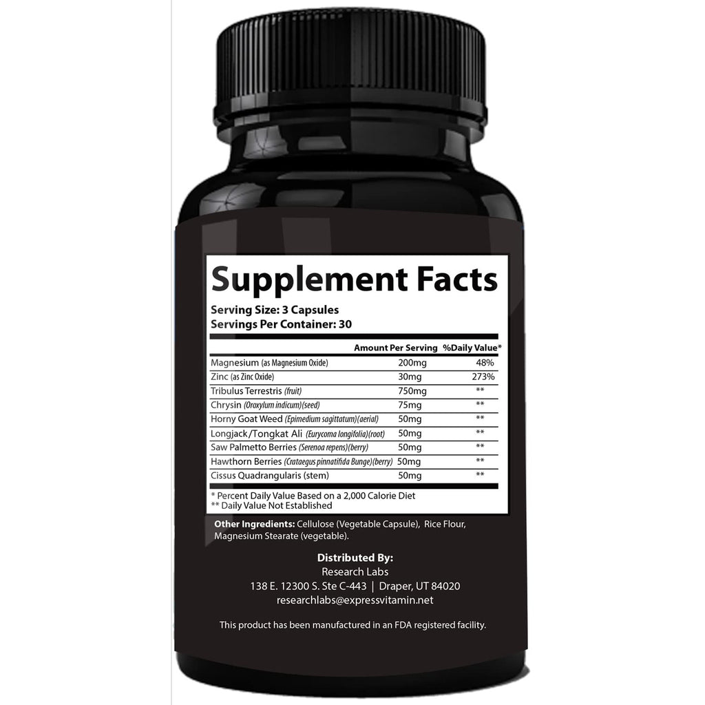 Pharmacist Recommended 2 fer 1 Offer 180ct Testosterone Booster Enhancement by Research Labs. Increase Lean Muscle Energy Strength. Saw Palmetto, Tribulus, Tongkat Ali, Horny Goat Weed, Zinc
