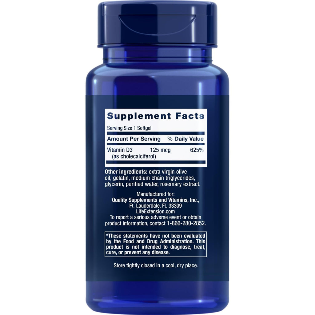 Life Extension Vitamin D3 5000 IU, 120 Softgels, 125mcg | 1 per day formula, Non-GMO and Gluten Free