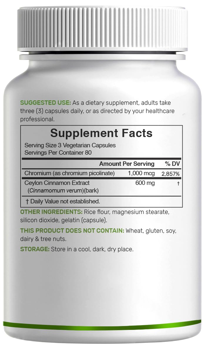 Ceylon Cinnamon with Chromium 1000mcg, 240 Capsules | Active Inner Bark Extract, True Sri Lanka Source | Natural Cinnamon Supplements