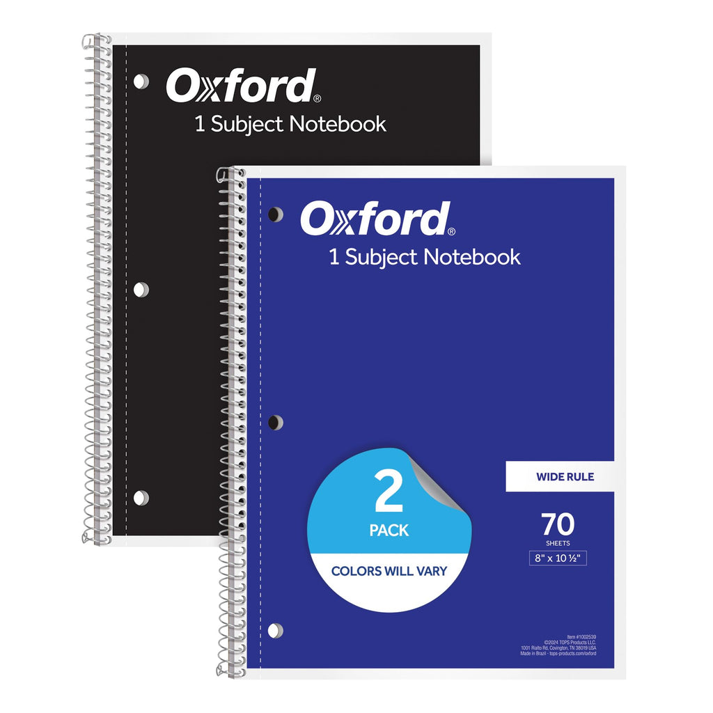 Oxford Spiral Notebooks, 2 Pack, 1 Subject, Wide Ruled Notebooks for School, 8 x 10.5 Inches, 70 Sheets, Assorted Colors, Back to School Supplies (1002539)