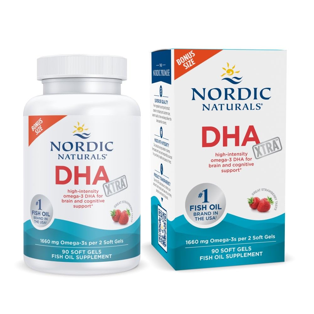 Nordic Naturals DHA Xtra Supplement, 1660mg Omega-3 Fish Oil - 90 Count | 1660mg Omega-3 per serving (2x potency). Supports brain & nervous system health. Non-GMO. Strawberry flavor. 90 servings.