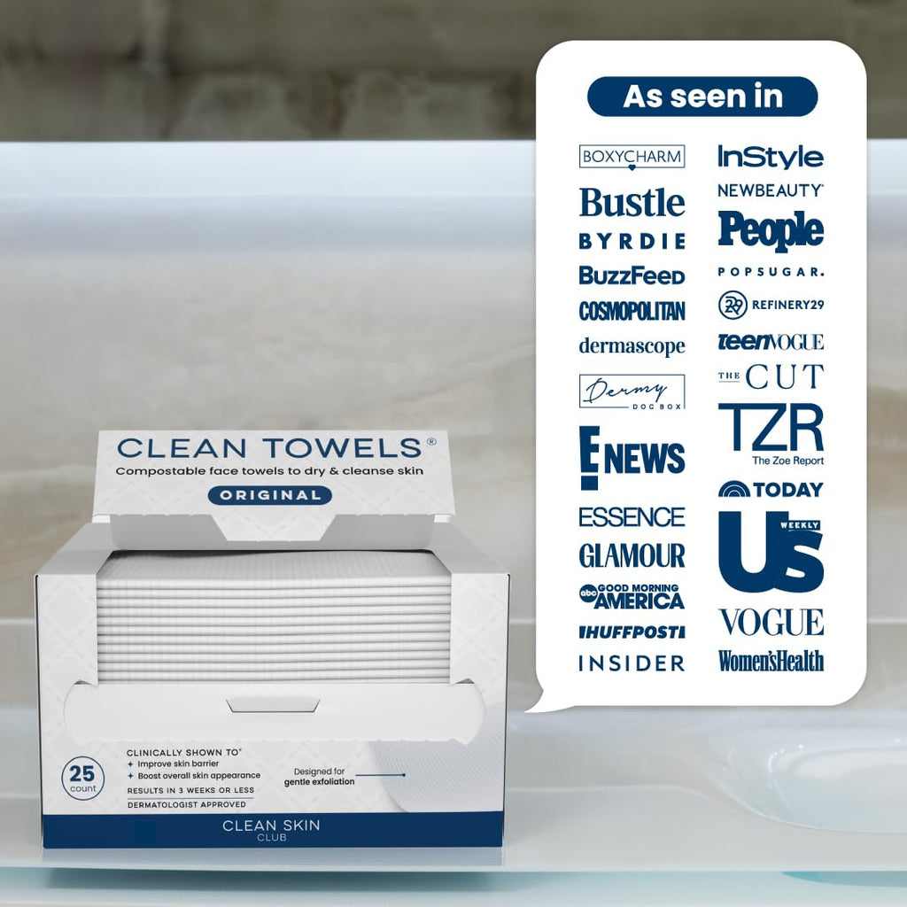 Clean Skin Club Clean Towels®, 100% USDA Biobased Face Towel, Disposable Face Towelette, Eczema Association Accepted, Makeup Remover Dry Wipes, Ultra Soft, 1 Pack, 25 Ct