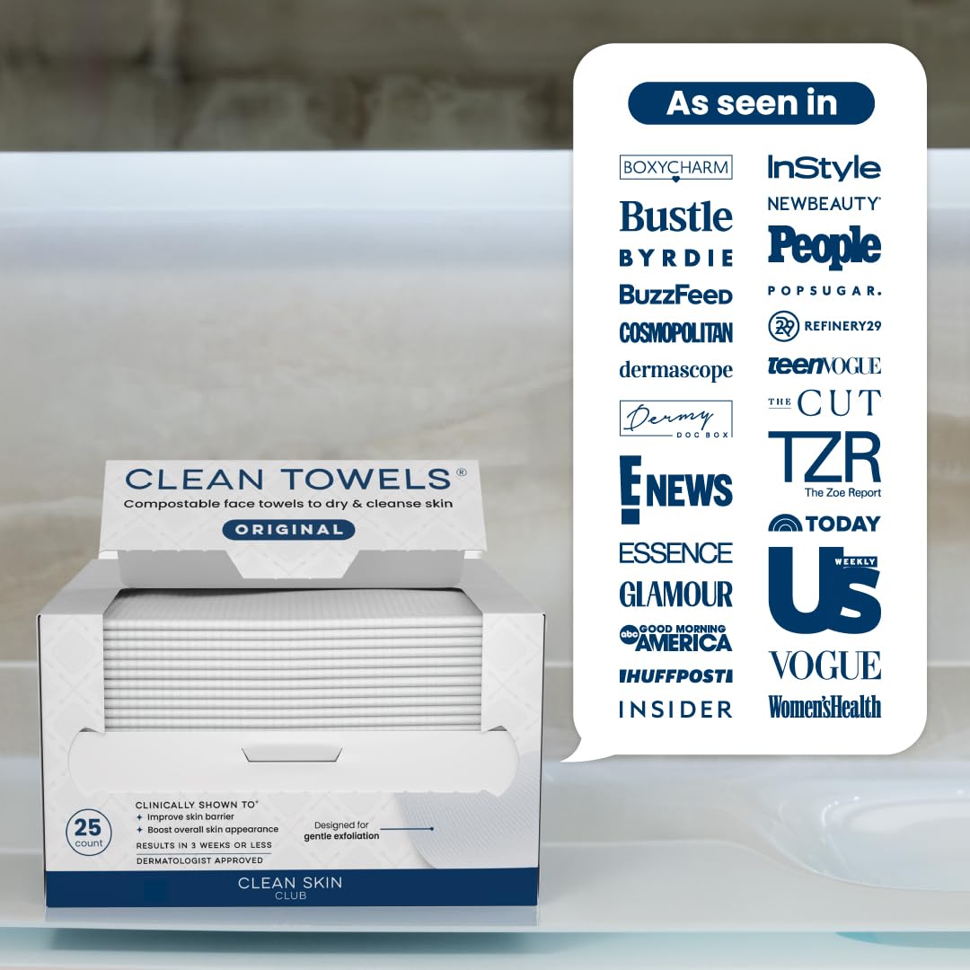 Clean Skin Club Clean Towels®, 100% USDA Biobased Face Towel, Disposable Face Towelette, Eczema Association Accepted, Makeup Remover Dry Wipes, Ultra Soft, 1 Pack, 25 Ct