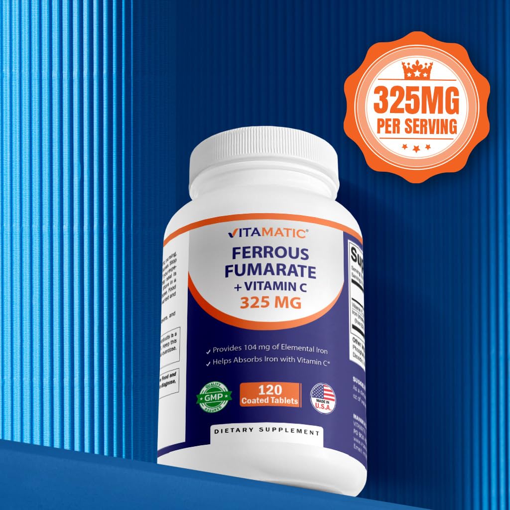 Vitamatic Ferrous Fumarate 325 mg + Vitamin C 100 mg (104 mg Elemental Iron) – High Potency Iron Supplement – Gentle on Stomach, 120 Coated Tablets, Made in USA