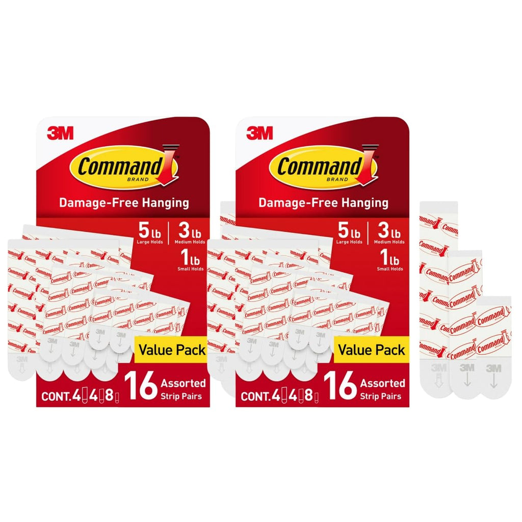 Command Replacement Adhesive Strips – 8 Small, 4 Medium, 4 Large, Damage-Free Hanging for Hooks and Clips, 16-Count (Pack of 2)