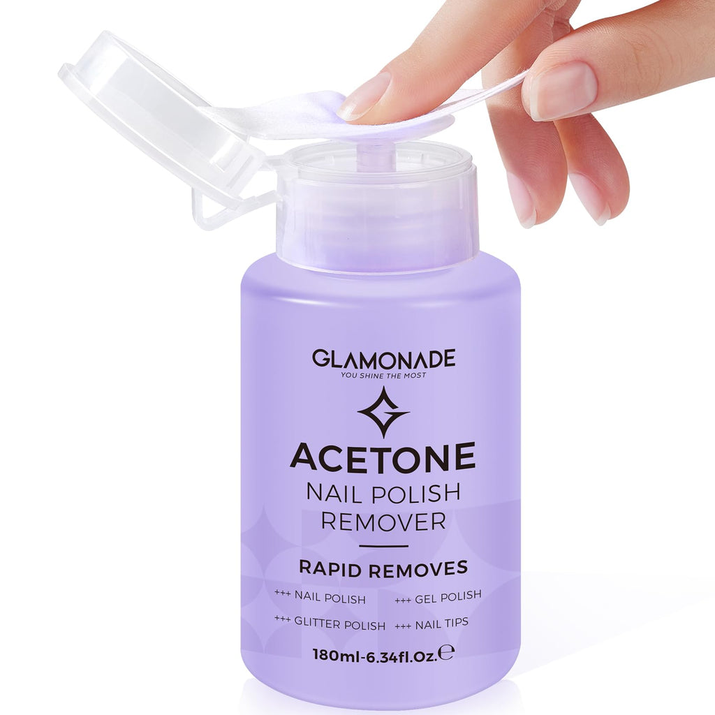 Glamonade Acetone Nail Polish Remover: Gel Polish Remover for Removal of Quick Dry Nail Polish/Gel Polish/Glitter Polish/Nail Tips | Aloe Vera Scent with Easy Push-Down Pump(6.34 Fl Oz)