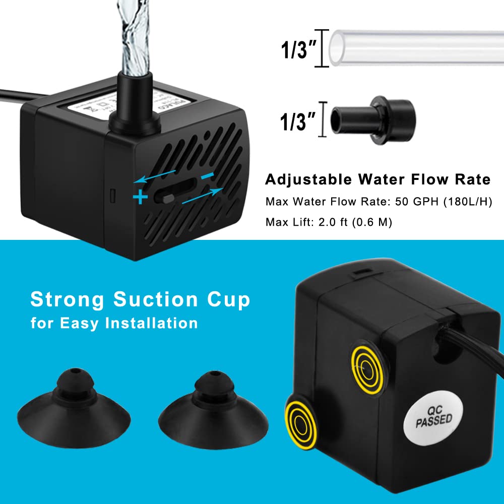PULACO 50GPH 2Pcs Mini Fountain Pump with 3.3 ft Tubing