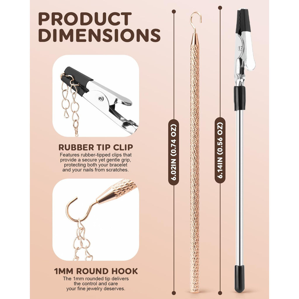 2 Pcs Bracelet Helper Tool, Portable Bracelet Helper with Rubber Tip Clip and 1mm Round Hook for Necklaces, Watches and Independent Jewelry Wear