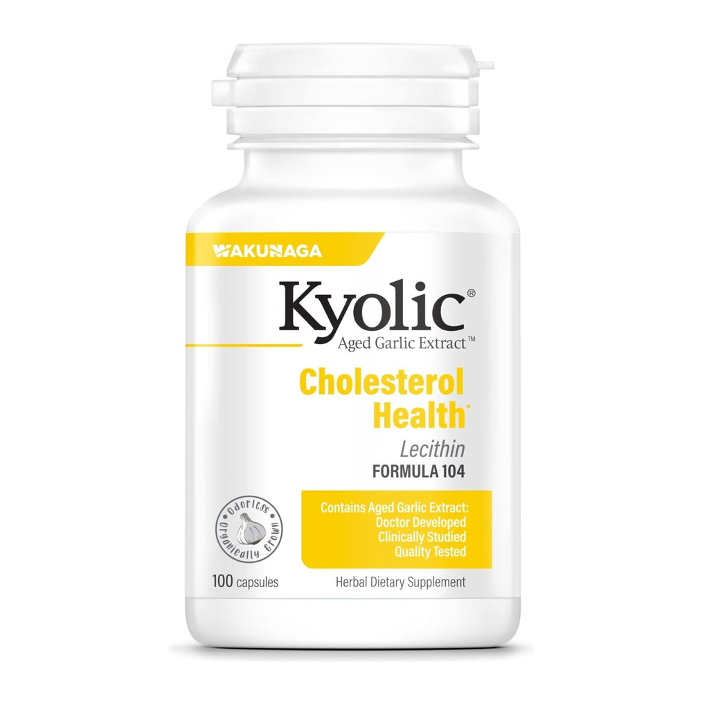 Kyolic Aged Garlic Extract Cholesterol Health* Formula 104, 100 Capsules | Odorless Organically Grown Aged Garlic Extract and Lecithin to Support Healthy Cholesterol and Heart Health, GMO-Free