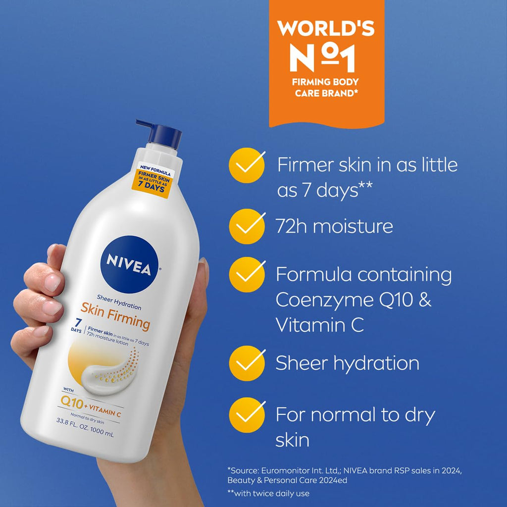 NIVEA Sheer Hydration Skin Firming Body Lotion, 33.8 FL OZ | Skin Firming Body Lotion with Q10 and Vitamin C, 72-Hour Moisturizing Lotion For Normal to Dry Skin, Paraben Free