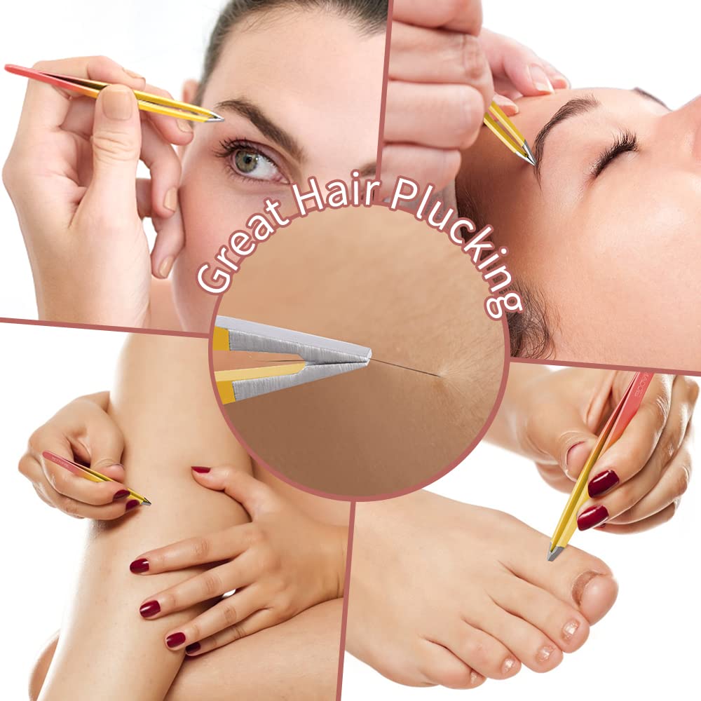 TsMADDTs 7 pcs Tweezers Set for Women Facial Hair, Precision Tweezer for Eyebrows with Curved Scissor and Eyebrow Razor for Ingrown Hair, Pink&Yellow