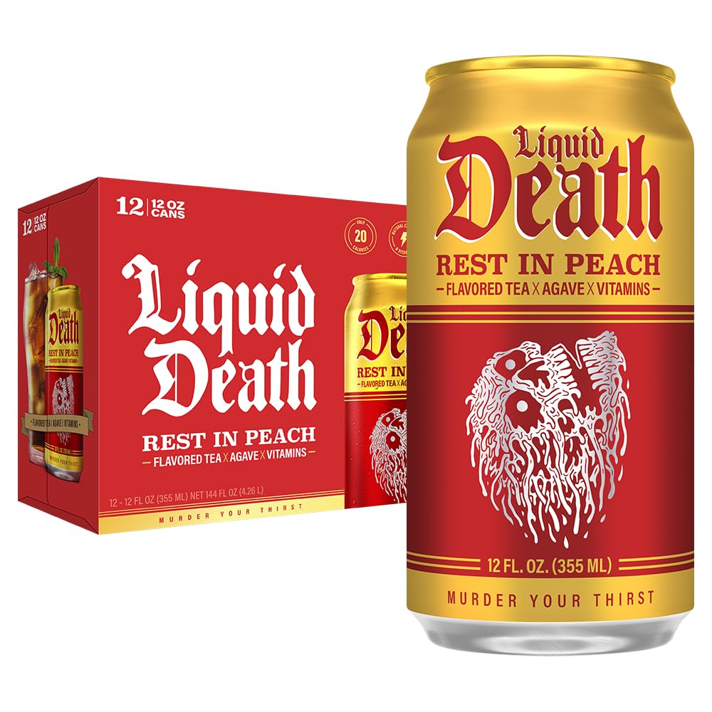 Buy now Liquid Death Iced Tea - Blueberry Buzzsaw (Blueberry-Flavored Black Tea), Less Sugar*, Boost of Caffeine, B Vitamins, No Artificial Sweeteners, 12 Fl Oz (Pack of 12) Rest in Peach at indiglob india