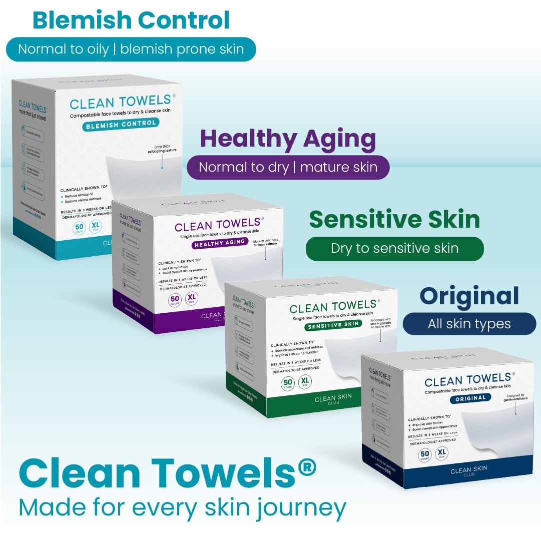CLEAN SKIN CLUB Blemish Control Clean Towels® XL, Extra Exfoliation for Oily Skin, Disposable, Single-Use Face Towelette Dry Wipe - 1 Pack (50 Count)