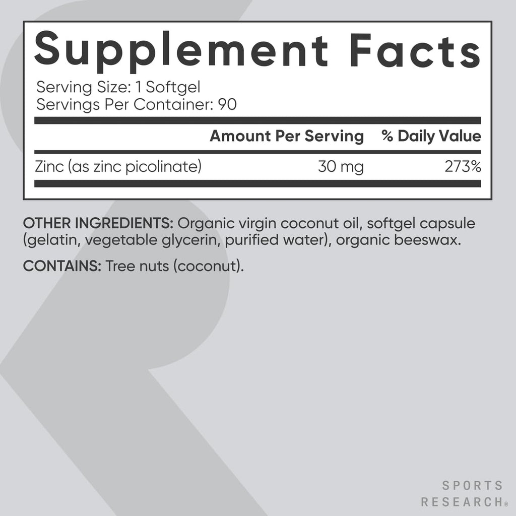 Sports Research® Zinc Picolinate 30mg w/Organic Coconut Oil, 90 Softgels | High Potency Zinc Supplement for Healthy Immune & Enzyme Function - Non-GMO Tested & Gluten-Free, 90 Servings