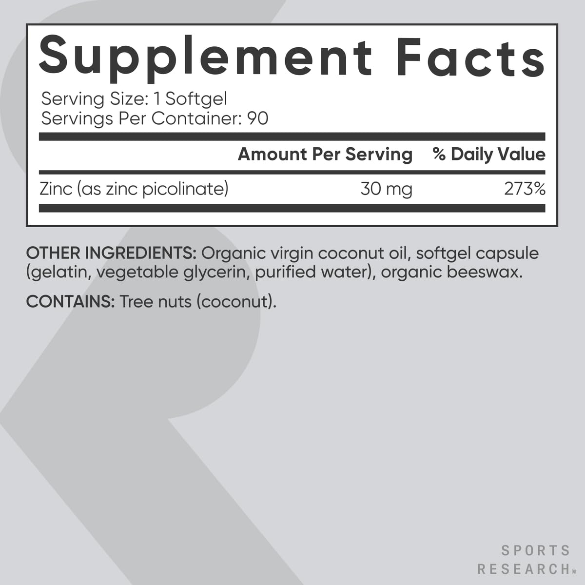 Sports Research® Zinc Picolinate 30mg w/Organic Coconut Oil, 90 Softgels | High Potency Zinc Supplement for Healthy Immune & Enzyme Function - Non-GMO Tested & Gluten-Free, 90 Servings