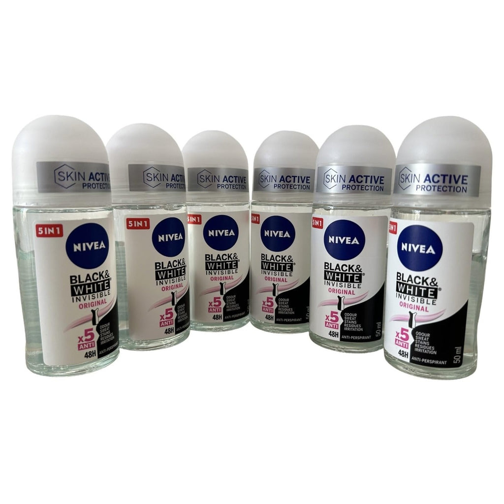 NIVEA 50ml Invisible Black And White Clear Roll On Anti Perspirant Deodorant, Pack of 6