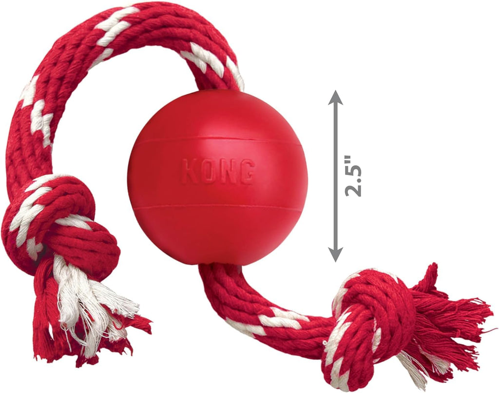 KONG Ball with Rope, Natural Rubber Fetch and Tug Toy, Red, for Small Dogs