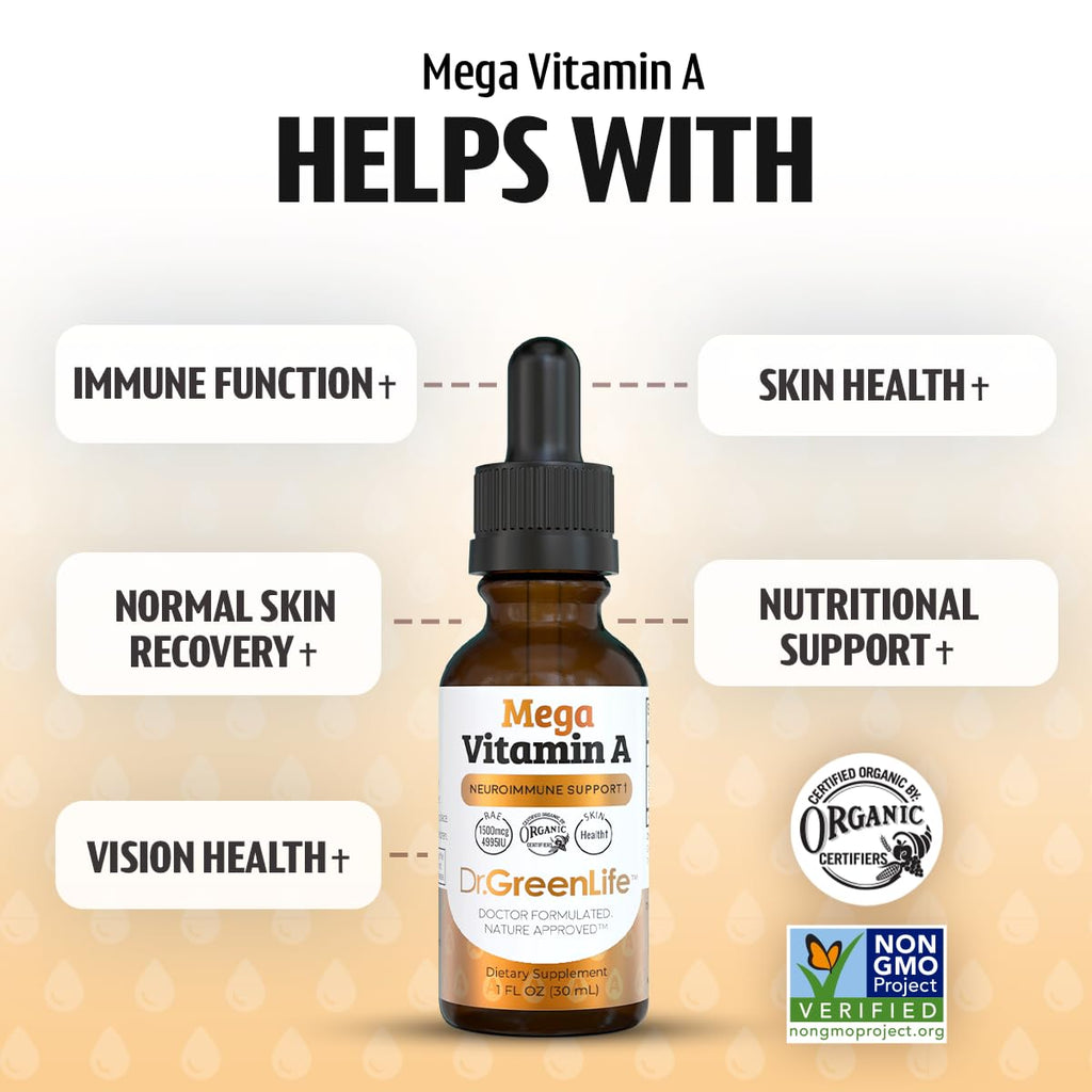 Dr. Green Mom Mega Vitamin A Liquid Drops | 1500 mcg RAE Per 1 Drop, 1180 Servings Per Bottle | Certified Organic, Non-GMO in Organic MCT Oil | Retinyl Palmitate | Infants, Kids & Adults | 1 fl oz