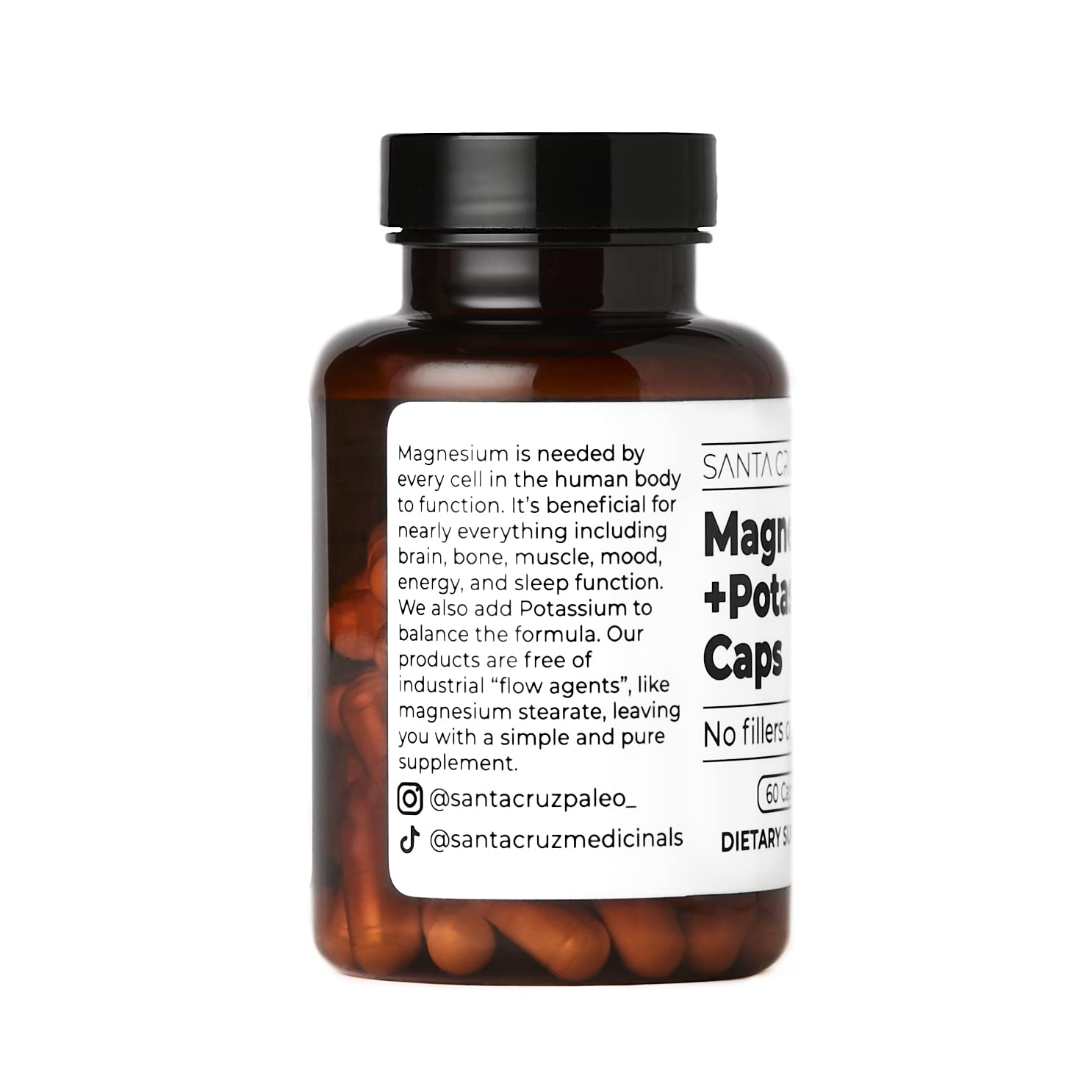 Santa Cruz Paleo Magnesium + Potassium Caps, Supplement for Men and Women, Paleo, Keto, Sugar & Gluten Free, Magnesium Glycinate 166mg and Potassium Citrate 38mg per Serving, American Made, 60 Caps